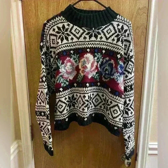 Vintage Black White Maroon Floral Rose Abstract Print Cotton Cropped Sweater M - Picture 2 of 13